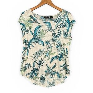 Tahari Linen Tropical Print Cap‑Sleeve Top High‑Low Hem 100% Linen Size Medium